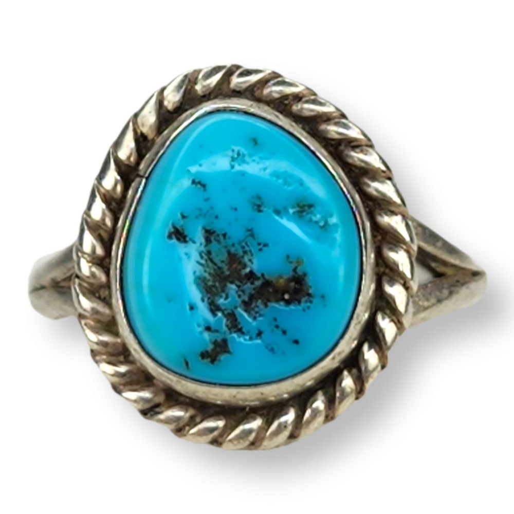 Signed Mike Chee Vintage Southwestern Sterling Silver Turquoise Ring Size 3.25 - Picture 2 of 8